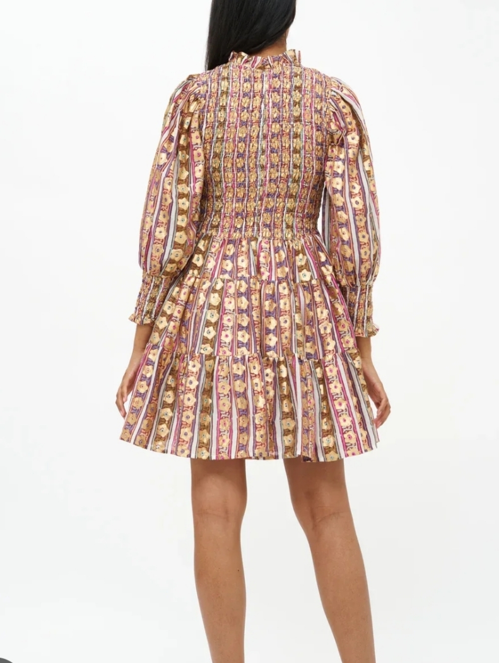 Oliphant Coated Gold Wine And Peach Graphic Printed Smocked Dress - Picture 2 of 10